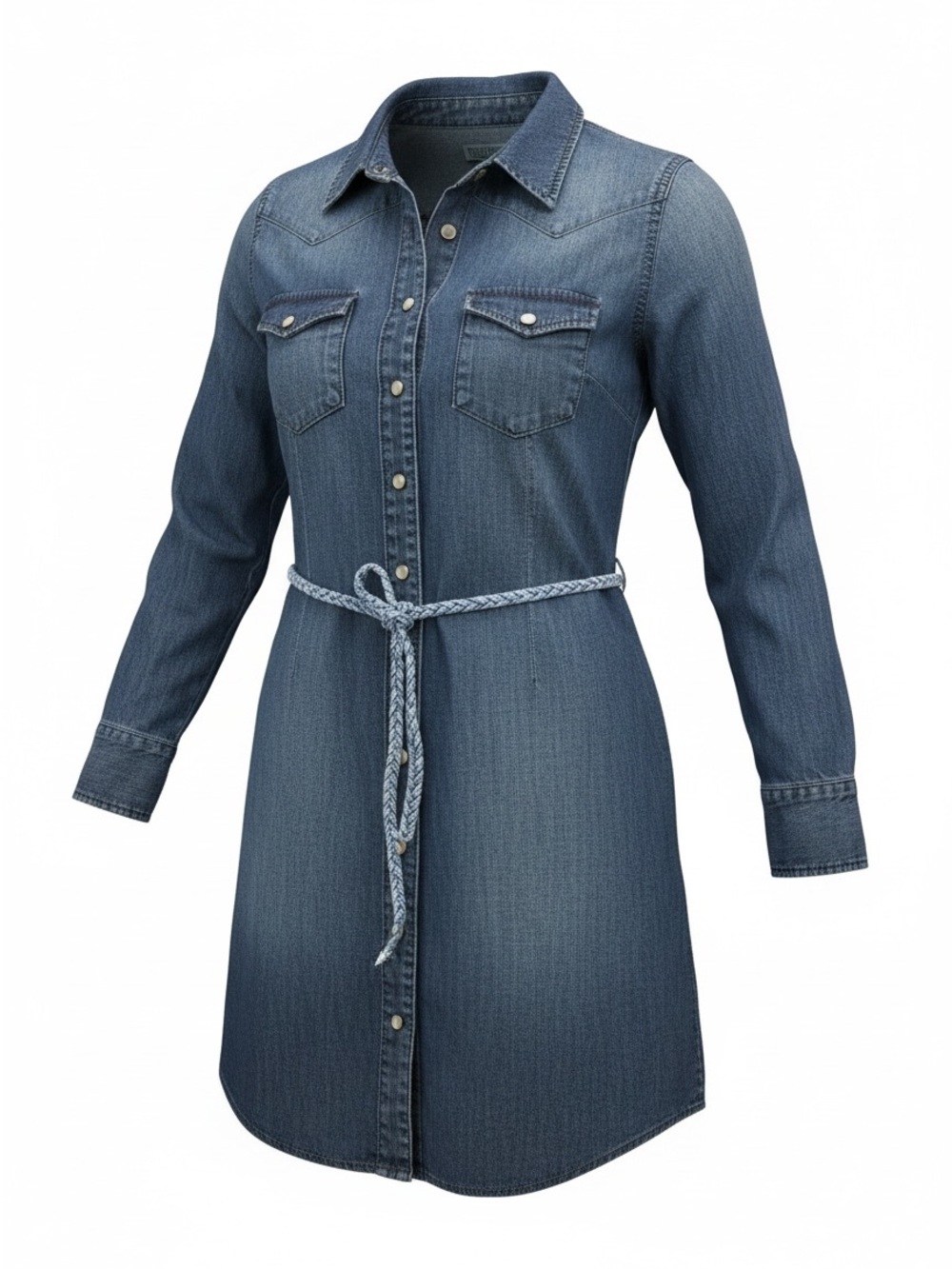 Lucky Brand Western Denim Snap Front Shirt Dress with Braided Tie Belt Medium